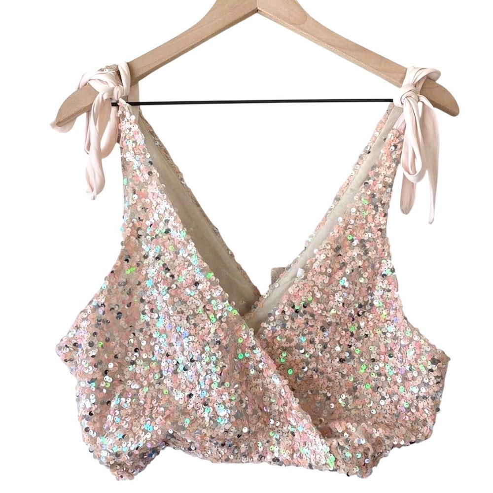 New Free People Womens Top M Big Night Sequin Crop Pink Swifie Birthday Party